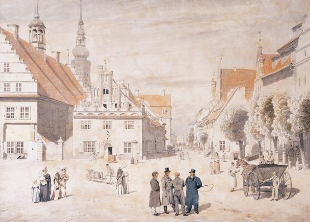 Caspar David Friedrich: Der Greifswalder Markt, 1818, Pommersches Landesmuseum – Wird es am 5. September in Greifswald ähnlich aussehen? Vielleicht hat Dresden die Nase vorn, wenn sich auf dem Neumarkt romantisch gekleidete Menschen zusammenfinden. 