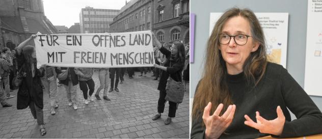 Bild links: Gesine Oltmanns (l.) entrollte mit Katrin Hattenhauer (r.) nach dem Friedensgebet am 4. September 1989 ein Transparent. Bild rechts: Gesine Oltmanns in der Denkmalwerkstatt der Friedlichen Revolution in Leipzig. © Archiv Bürgerbewegung Leipzig/Armin Wiech_Foto015-006-146//Steffen Giersch/Archiv