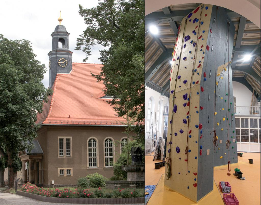 Der neue Kletterturm in der Hospitalkirche reicht bis unter die Decke. © Daniel Förster